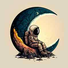 卡通图像宇航员坐着月亮
