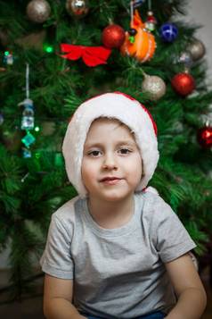照片美丽的男孩灰色的t恤圣诞老人老人他圣诞节树相机肖像明亮的房间自然上演了摄影