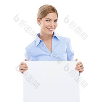 快乐业务女人海报模型空间公告广告市场营销标志卡肖像女模型空白董事会复制空间白色工作室背景