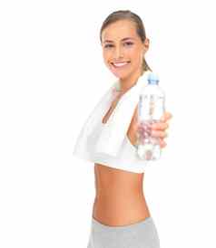 工作室健身女人水瓶健康饮食锻炼培训动机提供液体营养体育运动员模型手持有产品孤立的白色背景