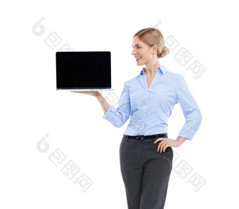 移动PC模型快乐业务女人工作室孤立的白色背景广告空间工人女模型模拟电脑屏幕网站技术数字市场营销平台