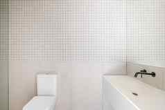 现代极简主义浴室室内设计白色水槽厕所。。。米色瓷砖大镜子