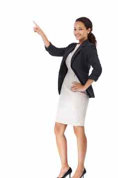 业务肖像女人指出产品放置市场营销广告工作室专业企业女模型点模型空间孤立的白色背景