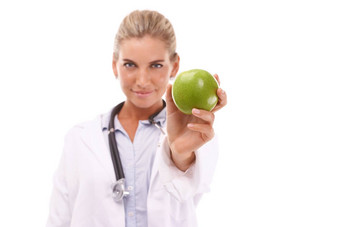 医生工作室肖像女人苹果营养健康健康白色背景快乐孤立的营养学家水果建议医疗保健自然饮食健康的食物