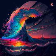 晚上海滩美丽的彩虹色的波颜色