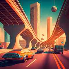 未来主义的城市复古的风格汽车开车高速公路