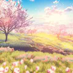 插图幻想春天世界明亮的太阳樱桃花朵