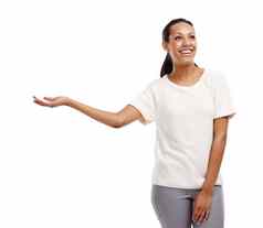黑色的女人手模型空间产品放置广告动机笑女模型空棕榈促销活动折扣交易提供孤立的白色背景