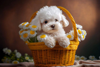 可爱的白色狗柳条篮子雏菊