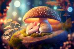 可爱的鼠标睡觉森林蘑菇发光的内部