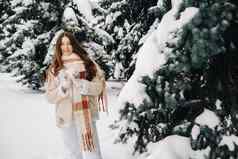 肖像女孩长头发连指手套冬天森林雪冬天