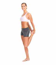 健身伸展运动腿肖像女人工作室孤立的白色背景模拟体育培训快乐女模型运动员温暖的准备准备好了锻炼