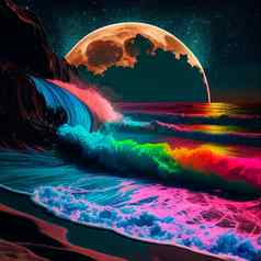 晚上海滩美丽的彩虹色的波颜色