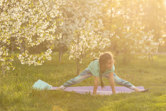 女孩孩子瑜伽锻炼伸展运动草<strong>阳光</strong>明媚的夏天一天灵活的孩子体操练习<strong>体育</strong>学习健身伸展运动瑜伽活跃的生活方式概念