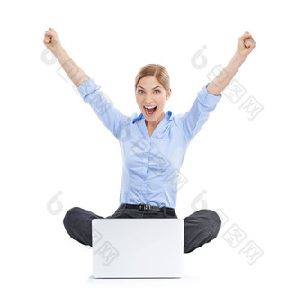 成功庆祝活动业务女人移动PC工作室孤立的白色背景赢家电脑肖像女庆祝<strong>目标目标</strong>成就胜利彩票赢得