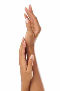 女人手修指甲护肤品皮肤病学健康化妆品皮肤护理沙龙指甲治疗白色背景手模型奢侈品化妆品棕榈身体护理护理工作室