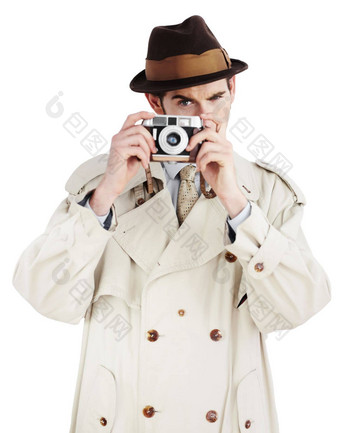 你风景记者采取照片复古的相机白色背景