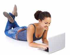 黑色的女人研究移动PC地板上研究写作在线项目工作室教育打字女人学习大学互联网搜索有创意的白色背景模型