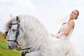 惊人的在<strong>骏马</strong>婚礼一天华丽的新娘摆姿势婚礼照片在白色马