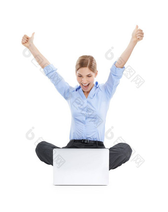 拇指庆祝活动业务女人移动PC工作室孤立的白色背景赢家电脑女庆祝目标目标成就成功彩票胜利赢得