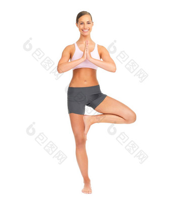 健身瑜伽纳马斯特肖像女人工作室孤立的白色背景模拟Zen脉轮普拉提冥想女模型培训站伸展运动健康健康