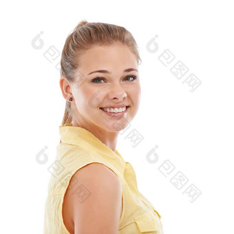 显示珍珠白人工作室肖像青少年女孩微笑幸福的孤立的白色