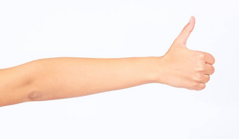 女人手拇指工作室背景成功目标投票支持的意见白色模型背景变焦模型手指手势赢家新闻好运气动机