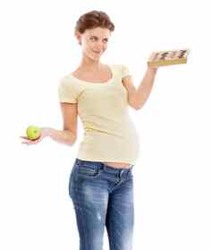 怀孕了思考饮食女人糖果渴望选择诱惑市场营销模型怀孕肚子女孩选择糖果考虑微笑白色工作室广告