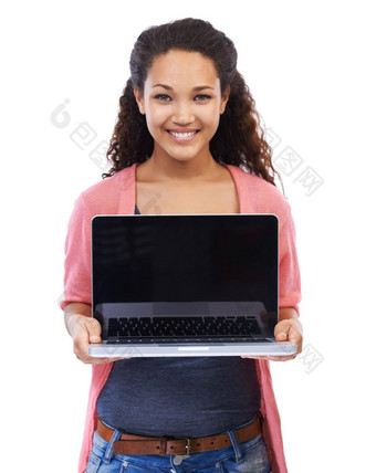 女人移动PC模型肖像微笑技术互联网无线连接白色背景快乐女人市场营销数字网站科技产品放置