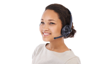 联系客户支持女人模型crm调用中心快乐微笑白色背景工作室黑色的女人员工耳机客户支持工作孤立的模拟
