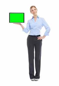移动PC绿色屏幕肖像女商人白色背景孤立的工作室模型广告快乐工人女模型模拟电脑互联网技术电子邮件市场营销