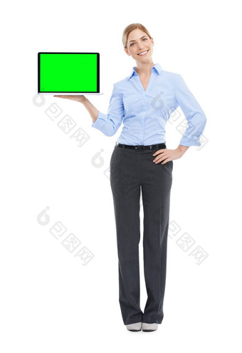 移动PC绿色屏幕肖像女商人白色背景孤立的工作室模<strong>型广告</strong>快乐工人女模<strong>型</strong>模拟电脑互联网技术电子邮件市场营销