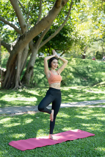 年轻的有吸引力的女孩<strong>先进</strong>的瑜伽体式健身席中间公园