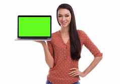 绿色屏幕移动PC肖像亚洲女人白色背景网站数字标志信息市场营销广告孤立的女孩电脑屏幕模型在线数据