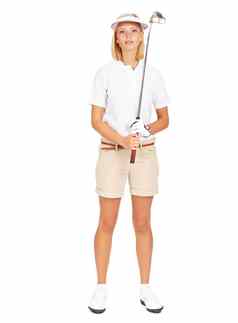 女人高尔夫球体育肖像工作室锻炼健身培训打高尔夫球动机白色背景女高尔夫球手持有高尔夫球俱乐部准备好了比赛竞争匹配