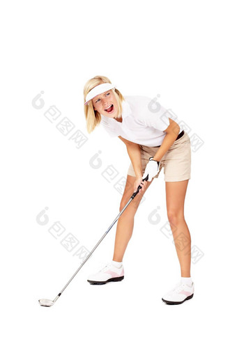 女人高尔夫球坚持准备好了体育游戏匹配有趣的打高尔夫球白色工作室背景快乐金发碧眼的女高尔夫球手孤立的体育运动高尔夫球俱乐部尖叫挫折拍摄