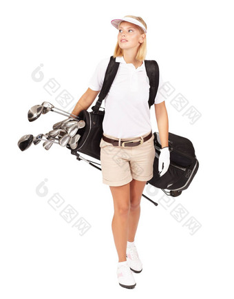 高尔夫球体育走女人工作室孤立的白色背景打高尔夫球爱好体育运动高尔夫球俱乐部女高尔夫球手携带袋运动服装统一的