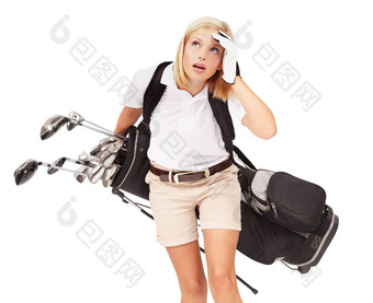 体育美女人高尔夫球袋孤立的白色背景健身体育运动球童高尔夫球竞争累了女人携带重袋高尔夫球俱乐部疲惫工作室