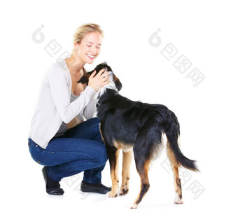爱宠物女人狗微笑白色背景模型产品放置朋友快乐女人动物玩培训宠物护理忠诚工作室