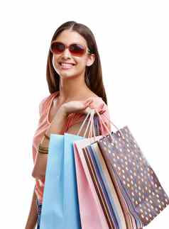 女人购物袋零售时尚购物太阳镜孤立的白色背景折扣出售客户纸袋奢侈品设计师品牌衣服快乐女人
