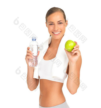 工作室肖像女人水苹果微笑营养锻炼目标健康白色背景孤立的模型瓶水果饮食健康的培训健康强大的身体