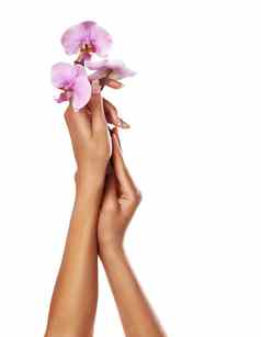 花兰花女人手修指甲指甲水疗中心美沙龙治疗白色背景女模型粉红色的花花背景健康自然化妆品