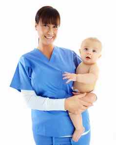 肖像护士女人婴儿工作室孤立的白色背景脸医疗保健快乐医疗工人医生女儿科医生持有孩子孩子蹒跚学步的医院