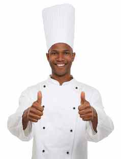 竖起大拇指烹饪肖像非洲老板给竖起大拇指