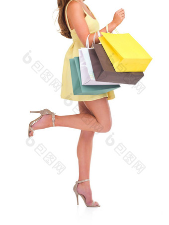 女人袋购物折扣出售客户端孤立的白色工作室背景女购物者客户店里项目昂贵的衣服零售时尚高高跟鞋