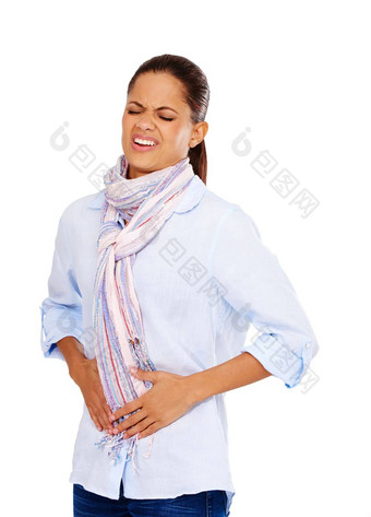 结肠消化便秘模型黑色的女人工作室孤立的白色背景<strong>胃疼</strong>痛月经<strong>胃疼</strong>痛期伤害年轻的女空白空间