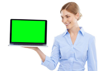 移动PC绿色屏幕业务女人白色背景孤立的工作室模<strong>型广告</strong>空间工人女模<strong>型</strong>模拟电脑网站技术数字市场营销平台