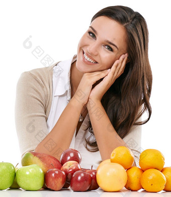 女人微笑肖像水果早餐营养健康的饮食维生素动机工作室人快乐脸食物营养学家自然纤维有机食物身体医疗保健