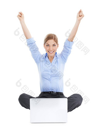 赢家庆祝活动业务女人移动PC工作室孤立的白色背景成功电脑肖像女庆祝<strong>目标目标</strong>成就胜利彩票赢得