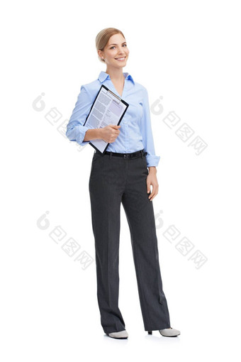 肖像文档审查业务女人工作室白色背景持有合同调查剪贴板研究议程女员工持有文书工作关键绩效指标